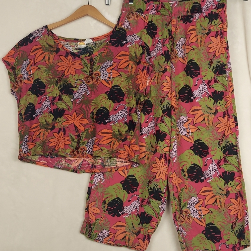 2pc C&C California 100%Linen Top-Medium Pants-Large Wide Leg Pull On